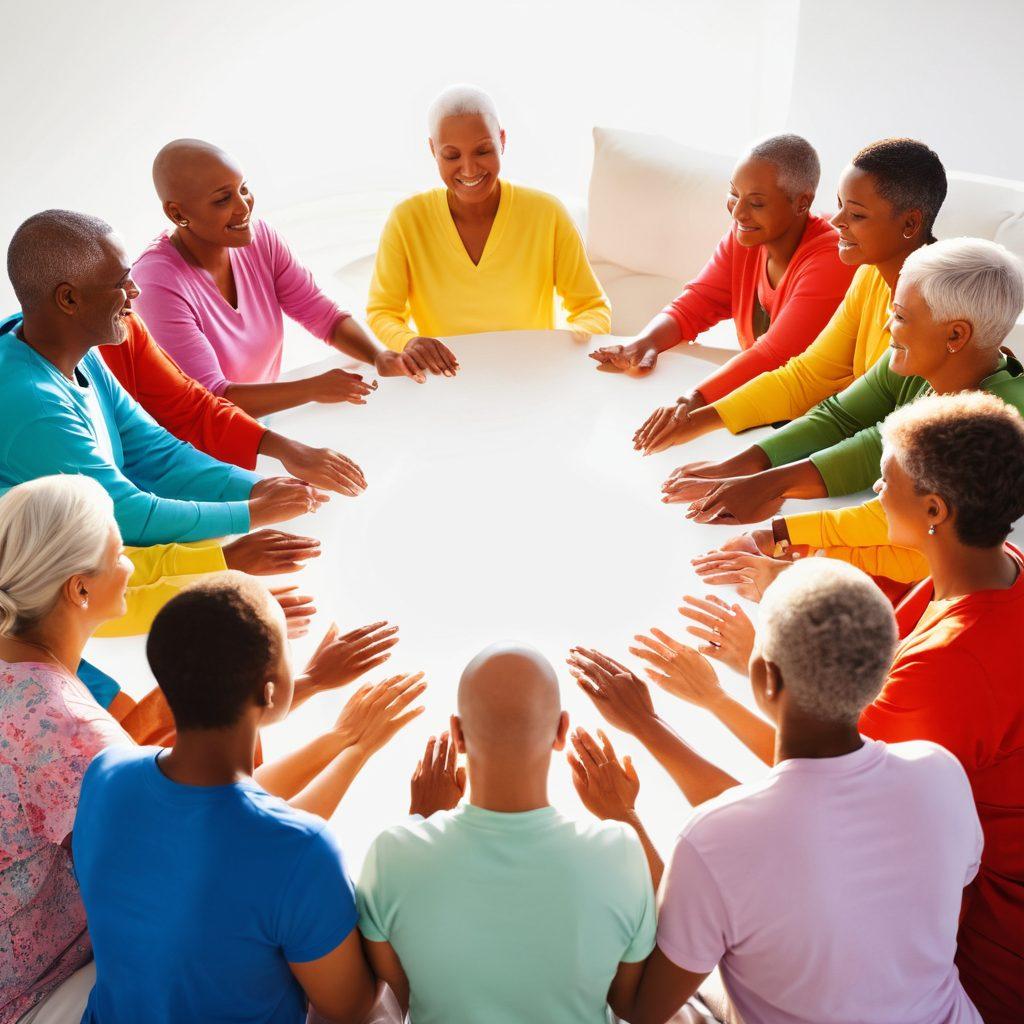 A serene scene depicting a diverse group of cancer survivors gathered in a supportive circle, sharing advice, with bright, uplifting colors representing hope and empowerment. Include elements like medical forms, insurance papers, and comforting symbols like ribbons or flowers in the background. The atmosphere should feel warm and inviting, showcasing resilience with beams of sunlight breaking through. super-realistic. vibrant colors. white background.